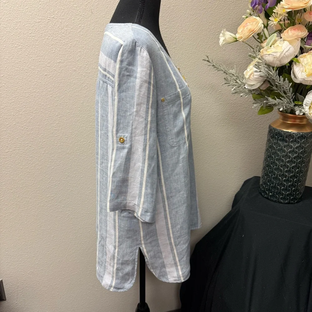 Ellen Tracy Linen Striped Tunic Top L Blue White Zip Front 3/4 Sleeve Summer - Picture 5 of 10